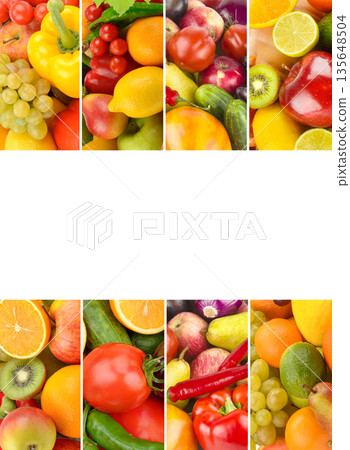 Panoramic collage of fresh organic fruits and vegetables with copy space. Panoramic collage of fresh organic fruits and vegetables with copy space. 135648504
