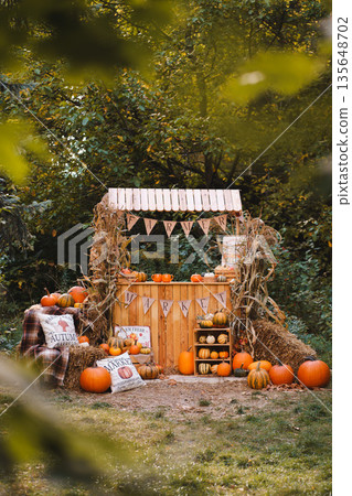 Cozy Autumn Harvest Scene with Pumpkins and Rustic Farm Market Stand 135648702
