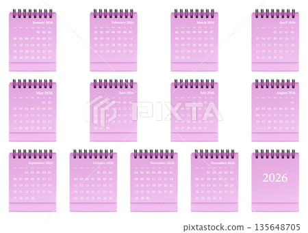Pink desktop calendar template featuring clean grid layout, spiral-bound planner 2026 organization 135648705