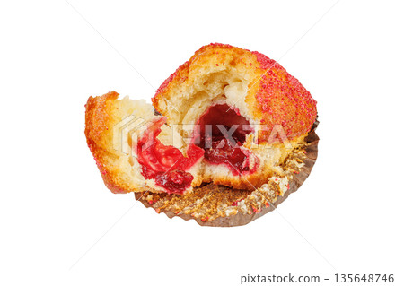 Broken muffin with red berry jam filling isolated on white. Tasty sweet cupcake with fruit jelly. Broken muffin with red berry jam filling isolated on white. Tasty sweet cupcake with fruit jelly. 135648746