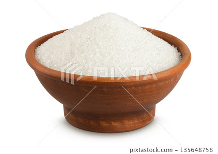 White sugar in ceramic bowl isolated on white background. 135648758