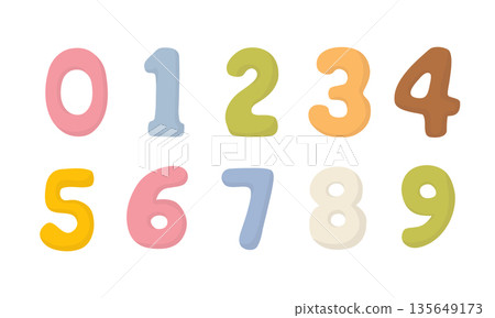 A set of colored numbers from zero to nine for birthday cards. Vector illustration in a flat style. This object represents children's numbers for design purposes and can be used in educational A set of colored numbers from zero to nine for birthday cards. Vector illustration in a flat style. This object represents children's numbers for design purposes and can be used in educational 135649173