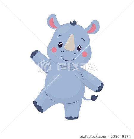 A cute rhinoceros waves its paw and smiles. A children's illustration in a flat vector style. The character is suitable for zoos, safari rides, children's parties, birthdays, children's cards, books A cute rhinoceros waves its paw and smiles. A children's illustration in a flat vector style. The character is suitable for zoos, safari rides, children's parties, birthdays, children's cards, books 135649174
