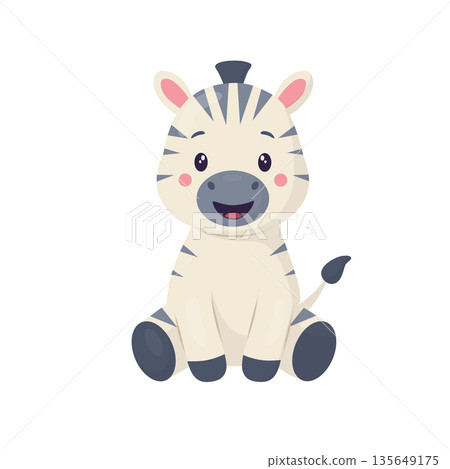 A cute zebra sitting and smiling. Children's illustration in a flat vector style. The character is suitable for zoos, safari, children's parties, birthdays, books, cards, and educational projects. A cute zebra sitting and smiling. Children's illustration in a flat vector style. The character is suitable for zoos, safari, children's parties, birthdays, books, cards, and educational projects. 135649175