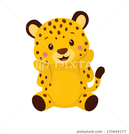 A cute leopard sits with its cheeks propped up on its paws and smiles. This children's illustration is in a flat vector style. The character is perfect for zoos, safaris, children's parties, birthdays A cute leopard sits with its cheeks propped up on its paws and smiles. This children's illustration is in a flat vector style. The character is perfect for zoos, safaris, children's parties, birthdays 135649177