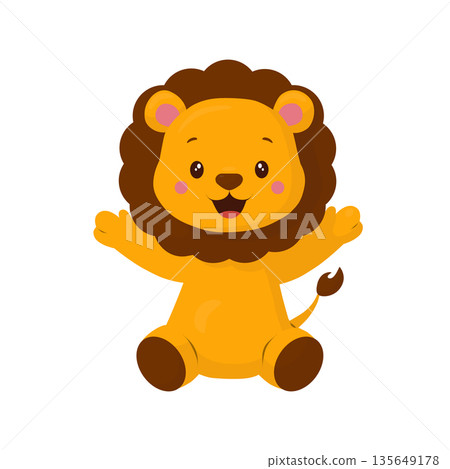 A cute lion cub sits with its paws wide open and a smile. This children's illustration is done in a flat vector style. This character is perfect for zoos, safari parks, children's parties, birthdays A cute lion cub sits with its paws wide open and a smile. This children's illustration is done in a flat vector style. This character is perfect for zoos, safari parks, children's parties, birthdays 135649178