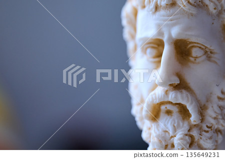 Side profile of a classical male marble statue with beard and contemplative expression Side profile of a classical male marble statue with beard and contemplative expression 135649231