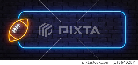 Neon American football symbol with glowing frame delivers a strong game atmosphere. Bold light design fits championship banners and event promotions. Neon American football symbol with glowing frame delivers a strong game atmosphere. Bold light design fits championship banners and event promotions. 135649297
