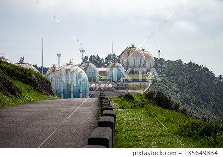The futuristic design of the Repsol gas station in Gijon, Asturias, Spain, resembles a scene from a Star Wars movie. 135649334