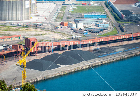 Gijon port settlements amidst scenic coastal landscapes in Gijon, Asturias, Spain 135649337