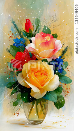 Vibrant Yellow Rose Bouquet In Glass Vase With Red Accents, Painterly Strokes, Textured Petals And Warm Studio Light Vibrant Yellow Rose Bouquet In Glass Vase With Red Accents, Painterly Strokes, Textured Petals And Warm Studio Light 135649406