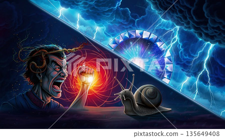 A surreal composition of an angry man confronting a silent snail A surreal composition of an angry man confronting a silent snail 135649408
