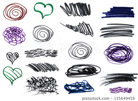 A set of abstract marker sketches including hearts, spirals and strokes A set of abstract marker sketches including hearts, spirals and strokes 135649458
