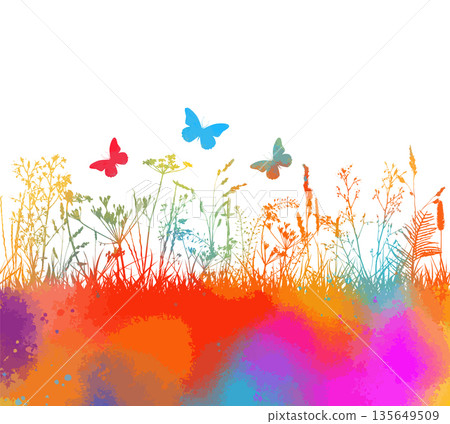 colored grass background with butterflies and flowers. Hand drawn. Not AI, vector illustration 135649509