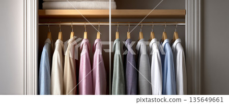 Neatly organized closet with a variety of colorful dress shirts hanging on wooden hangers under a shelf with folded towels in a modern wardrobe 135649661