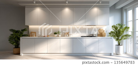 Modern minimalist white kitchen interior with sleek cabinetry, built-in appliances, decorative plants, and natural light from large 135649783
