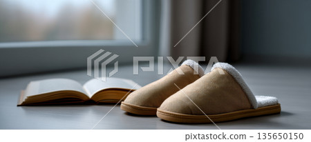 Cozy beige slippers placed on a wooden floor near an open book by a window with soft natural light and blurred background 135650150