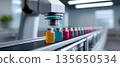 Automated pharmaceutical production line with robotic arm inspecting colorful medicine bottles on conveyor belt in modern factory 135650534
