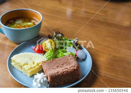 Vegetable soup and steamed bread healthy breakfast image 135650548