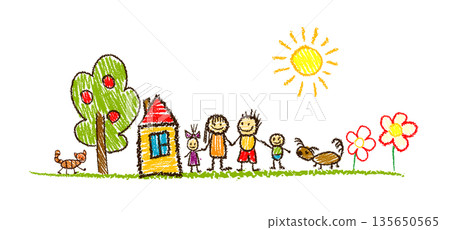 Chalk hand-drawn Family simple children's drawing. Not AI, Vector illustration Chalk hand-drawn Family simple children's drawing. Not AI, Vector illustration 135650565