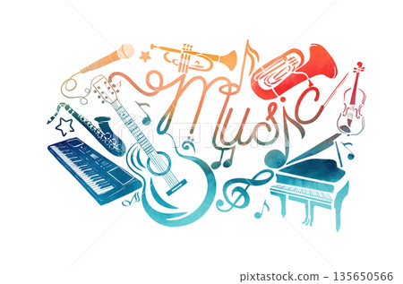 Abstract Music colorful. Many musical instruments. hand drawn. Not AI, Vector illustration Abstract Music colorful. Many musical instruments. hand drawn. Not AI, Vector illustration 135650566