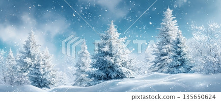 Magical Winter Landscape With Snow-Covered Fir Trees and Snowflakes Against Blue Sky for Poster or Banner Design in 8K Resolution 135650624