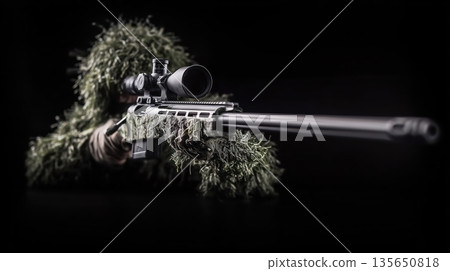 Sniper with sniper rifle with full camouflage.  135650818