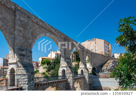 Stone aqueduct with pedestrian walkway in Teruel, Spain Stone aqueduct with pedestrian walkway in Teruel, Spain 135650927