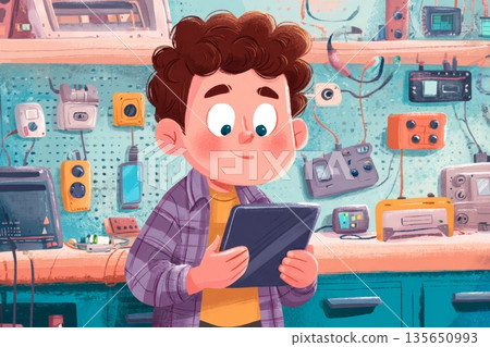 Young Boy Works With Tablet in Colorful School Workshop Filled With Gadgets and Tech Devices for Creative Tasks 135650993