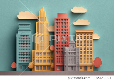 Bright Papercut Art Shows Buildings in a City With Colorful Structures and Clouds Against a Blue Background 135650994