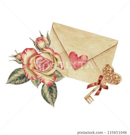 Watercolor illustration vintage love letter with red heart rose flower and ornate key tied with ribbon. Romantic botanical art for Valentines Day weddings anniversaries greeting cards packaging. 135651046