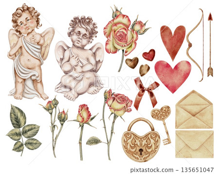 Watercolor illustration set with cupids roses hearts envelopes keys bows and arrows. for Valentines Day weddings anniversaries greeting cards packaging scrapbooking and romantic design projects. Watercolor illustration set with cupids roses hearts envelopes keys bows and arrows. for Valentines Day weddings anniversaries greeting cards packaging scrapbooking and romantic design projects. 135651047