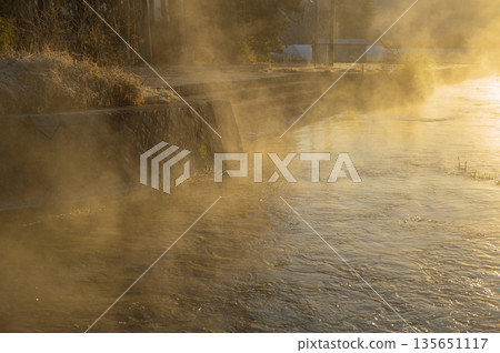 清晨的陽光照耀著一條由泉水匯聚而成的河流，河面上籠罩著一層薄霧。 [安曇野] 135651117