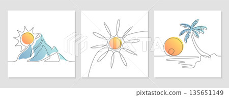 Continuous one line art drawing of sun, mountain, sea and island with palm tree 135651149