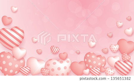 Soft bokeh on blurred pink background with many heart balloons various designs floated graphic illustration have blank space. Soft bokeh on blurred pink background with many heart balloons various designs floated graphic illustration have blank space. 135651382