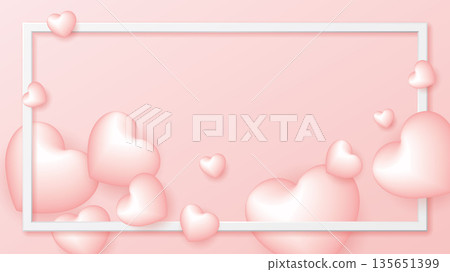 3D pink heart balloons floated with white frame on pink background 135651399
