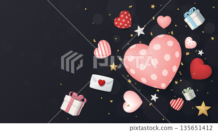 3D heart balloons many designs floated with star, giftboxes, love letter and golden confetti on soft bokeh blurred black background have blank space. 135651412