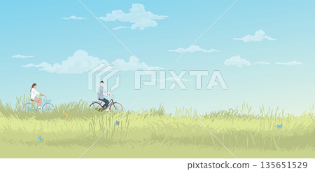 Man and woman riding bicycle together with nature landscape spring season flat design vector illustration have blank space. Man and woman riding bicycle together with nature landscape spring season flat design vector illustration have blank space. 135651529