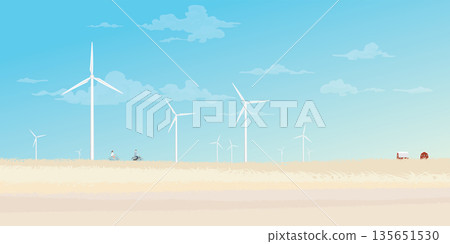 Man and woman riding bicycle together in countryside fields with wind turbines and blue sky background flat design vector illustration. Sustainable renewable green energy concept. 135651530