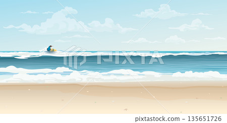 Man surfing on the sea wave flat design vector illustration have blank space. Travelling to Caribbean sea concept. Man surfing on the sea wave flat design vector illustration have blank space. Travelling to Caribbean sea concept. 135651726