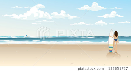 Surfer girl with surfboard at the beach flat design vector illustration have blank space. Travelling to Caribbean sea concept. Surfer girl with surfboard at the beach flat design vector illustration have blank space. Travelling to Caribbean sea concept. 135651727