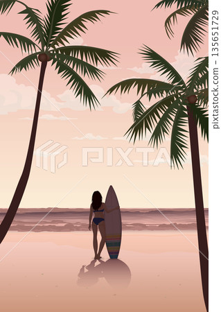 Silhouette of surfer girl with surfboard at the beach have vanilla sky background vertical shape vector illustration. Silhouette of surfer girl with surfboard at the beach have vanilla sky background vertical shape vector illustration. 135651729