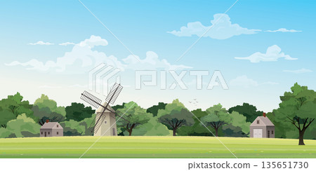 Old farm windmill in grass field have blue sky background have blank space. Countryside life concept vector illustration. Old farm windmill in grass field have blue sky background have blank space. Countryside life concept vector illustration. 135651730