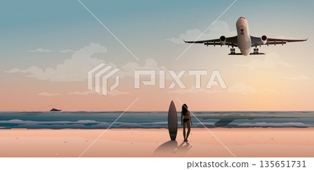 Silhouette of surfer girl with surfboard at the beach looking airplane landing have vanilla sky background vector illustration have blank space. Silhouette of surfer girl with surfboard at the beach looking airplane landing have vanilla sky background vector illustration have blank space. 135651731