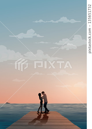 Silhouette of sweetheart embracing on the wooden pier have tropical blue sea and vanilla sky background vector illustration. Couple's journey concept flat design vertical shape have blank space. Silhouette of sweetheart embracing on the wooden pier have tropical blue sea and vanilla sky background vector illustration. Couple's journey concept flat design vertical shape have blank space. 135651732