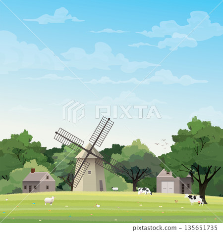 Old farm windmill and livestock in grass field have blue sky background have blank space. Countryside life concept vector illustration. 135651735