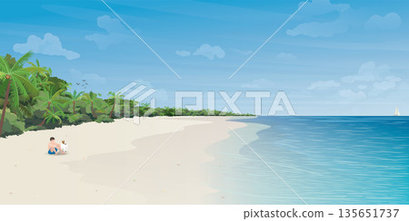 Man sitting on the beach with his dog vector illustration. Travel with pet concept cartoon flat design. Man sitting on the beach with his dog vector illustration. Travel with pet concept cartoon flat design. 135651737