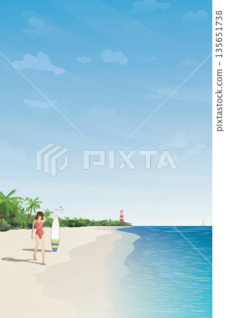 Seascape with woman and surfboard on the beach vector illustration have blank space. Seaside landscape with tourist, surfboard, ocean coast, lighthouse and yacht flat design. Seascape with woman and surfboard on the beach vector illustration have blank space. Seaside landscape with tourist, surfboard, ocean coast, lighthouse and yacht flat design. 135651738