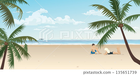 Couple of lover at the beach and tropical blue sea vector illustration. Journey of sweetheart concept flat design. Couple of lover at the beach and tropical blue sea vector illustration. Journey of sweetheart concept flat design. 135651739