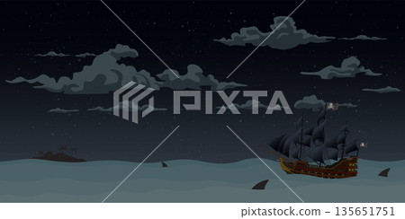 Pirate ship on the sea at night vector illustration. 135651751
